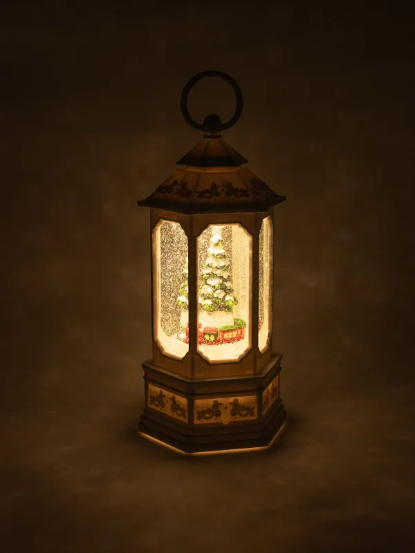 Снежный фонарь, 26 см, с подсветкой, вращающийся, пластик, белый, Поезд и ель, White style, image-4