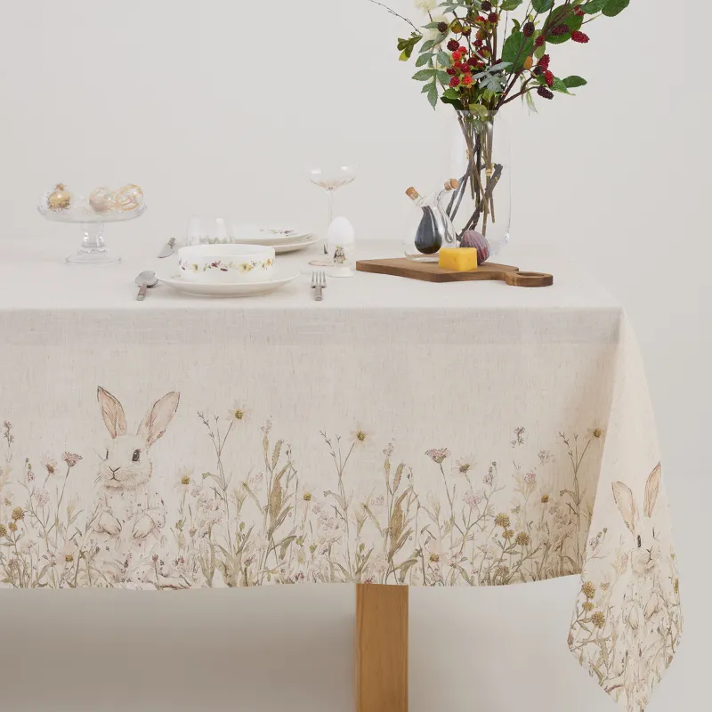 Скатерть, 170х250 см, полиэстер/лен, бежевая, Кролик в цветах, Bunny in flowers