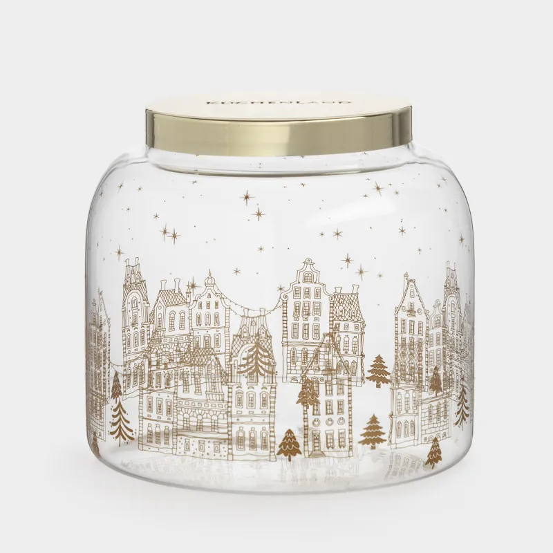 Банка для сыпучих продуктов, 950 мл, стекло/металл, Золотистые домики, Snow sparks