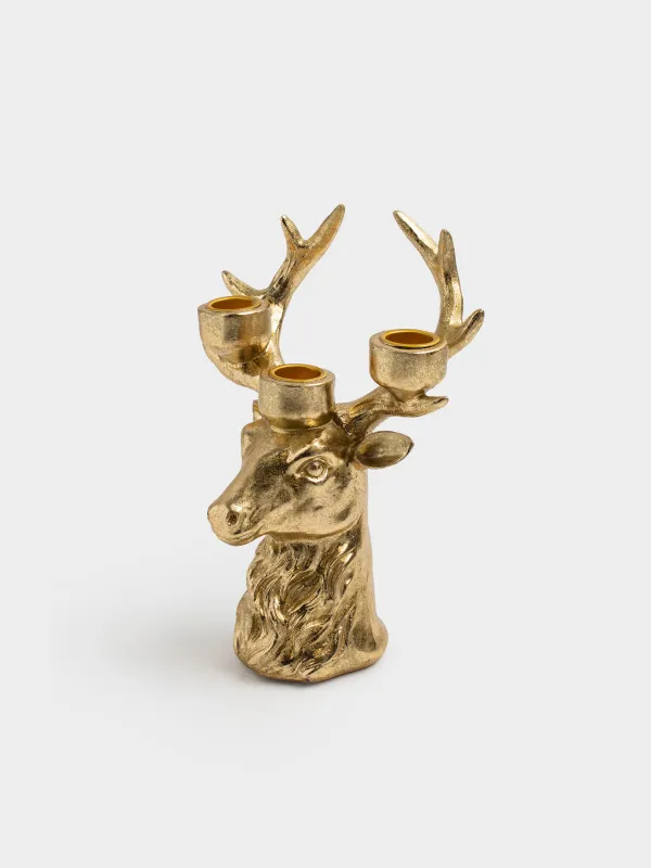 Подсвечник, 21 см, 3 тонкие свечи, полирезин, золотистый, Голова оленя, Deer gold, image-1