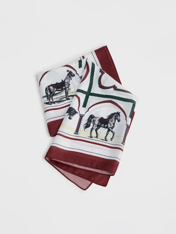 Платок женский, 70х70 см, полиэстер, бело-красный, Лошади, Kerchief, image-2