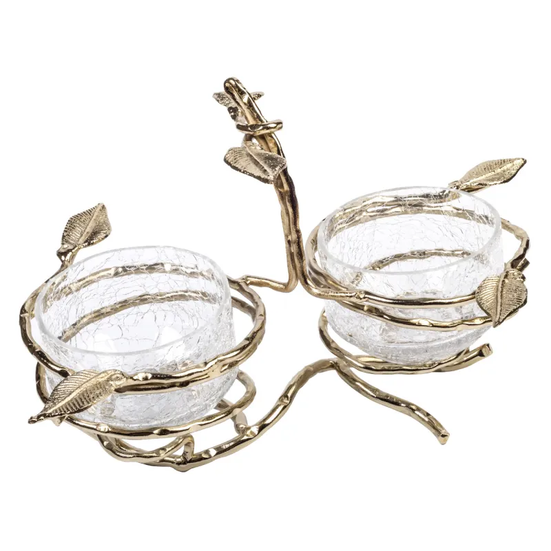 Подставка для закусок, 26х17 см, 2 пр, с ручкой, стекло/металл, Ветви, Fantastic gold, image-1