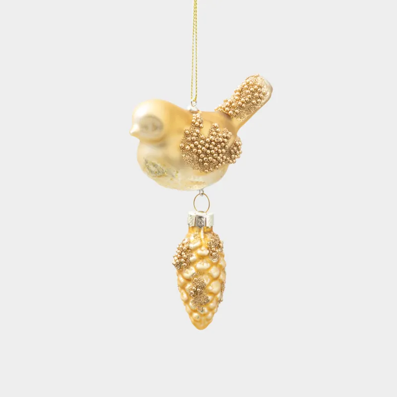 Игрушка елочная, 11 см, стекло, с блестками, золотистая, Птичка с шишкой, Figure christmas