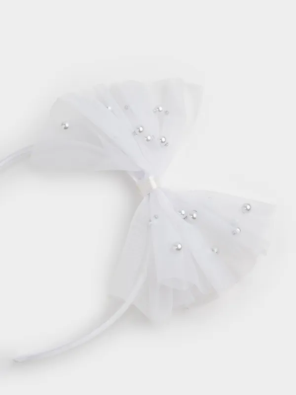 Ободок для волос, 12х14 см, детский, пластик/полиэстер, белый, Бант с бусинами, Hairstyle, image-1