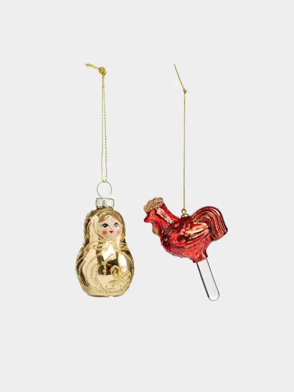 Набор елочных игрушек, 10 см, 2 шт, Матрешка и петушок, Figure christmas, image-0
