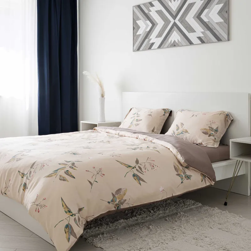 КПБ евро, тенсель 300 ТС, бежевый, Листья, Tencel