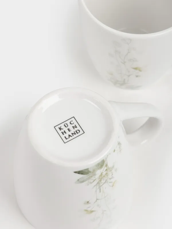 Кружка, 350 мл, 2 шт, фарфор P, белая, Цветы и листья, Rareness flower, image-4