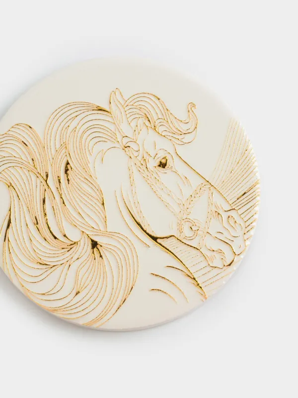 Подставка под кружку, 11 см, круглая, керамика/пробка, молочная, Золотистая лошадь, Horse gold, image-3