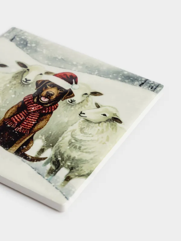 Подставка под кружку, Собака и овечки, Christmas dog, image-1