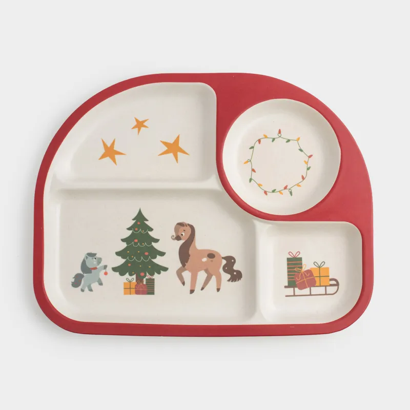 Тарелка обеденная, детская, 27х21 см, 4 отд, бамбук, красная, Лошадки с елкой, Little horse