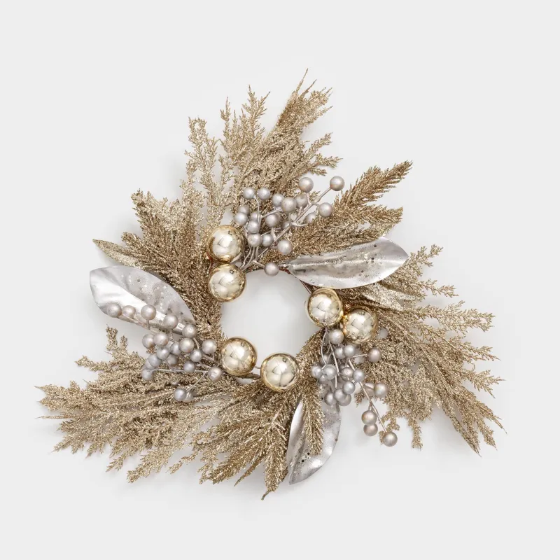 Венок декоративный, 10/40 см, пластик/пенопласт, шампань, Хвоя и ягоды, Conifer champagne