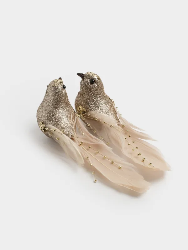 Украшение декоративное, 17 см, 2 шт, на клипсе, пенопласт/перо, шампань, Птица, Birds NY, image-1