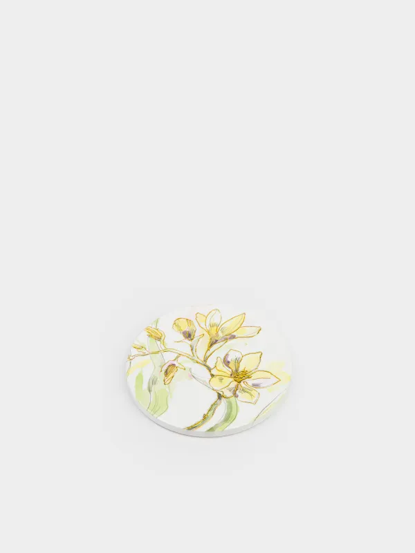 Подставка под кружку, 11 см, круглая, керамика/пробка, белая, Цветы, Bloome, image-1