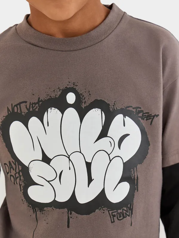 Лонгслив детский, для мальчиков, серо-черный, Ulian, image-1