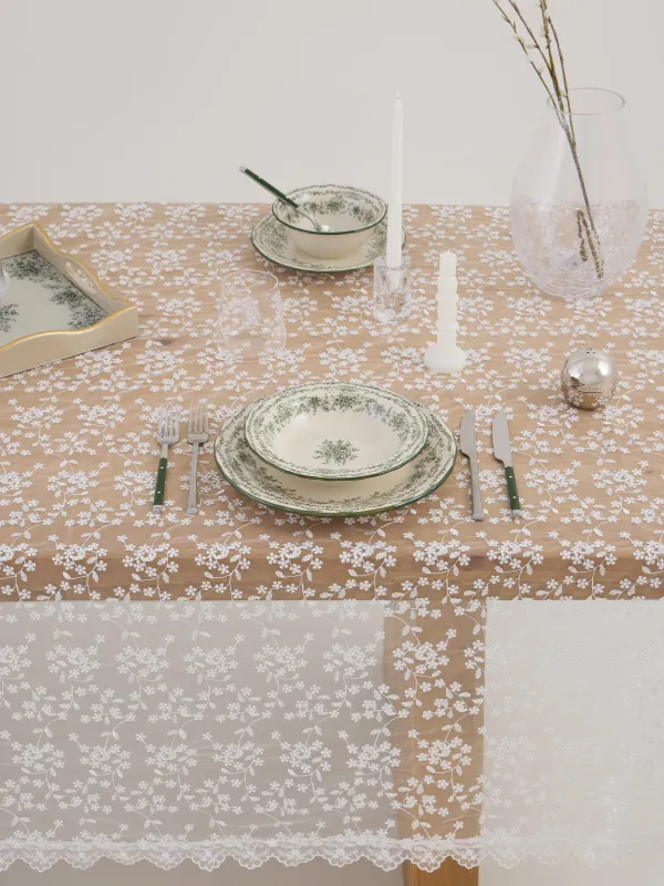 Скатерть, 170х250 см, с кружевом, полиэстер, белая, Ажурные цветы, Lace flowers, image-1