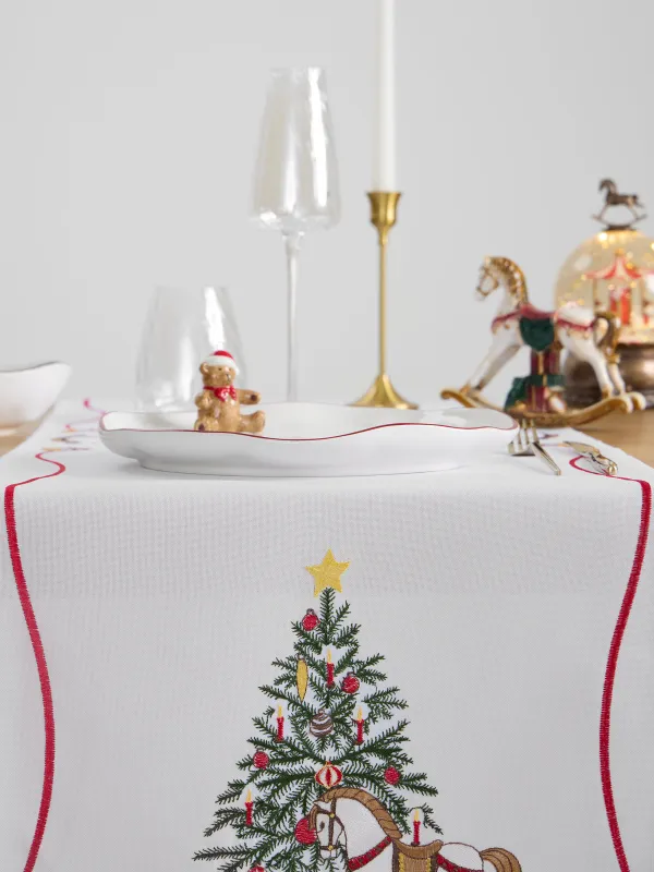 Дорожка настольная, 40х160 см, полиэстер, белая, Елка и лошадки, Holiday horse, image-5