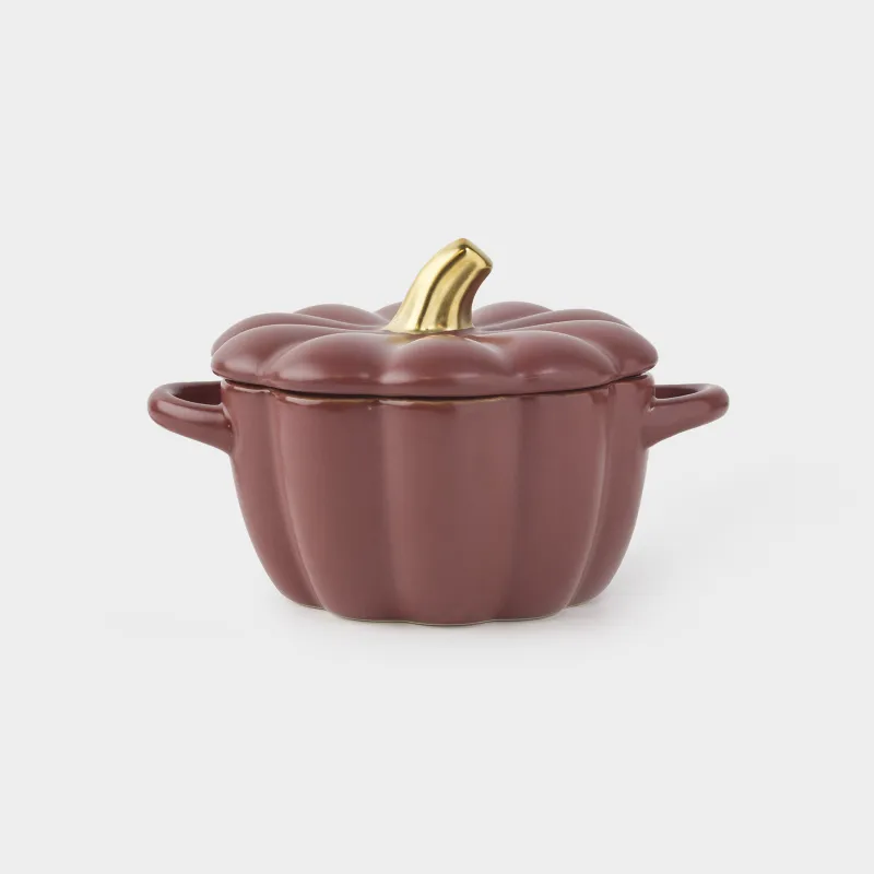 Кокотница, 11 см, 340 мл, с крышкой, керамика, бордово-золотистая, Тыква, Gourd