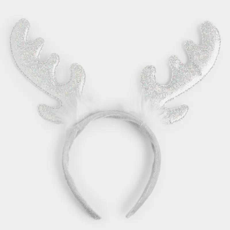 Ободок карнавальный, 16х20 см, детский, полиэстер/металл, серебристый, Рожки, Sparkly deer, image-0