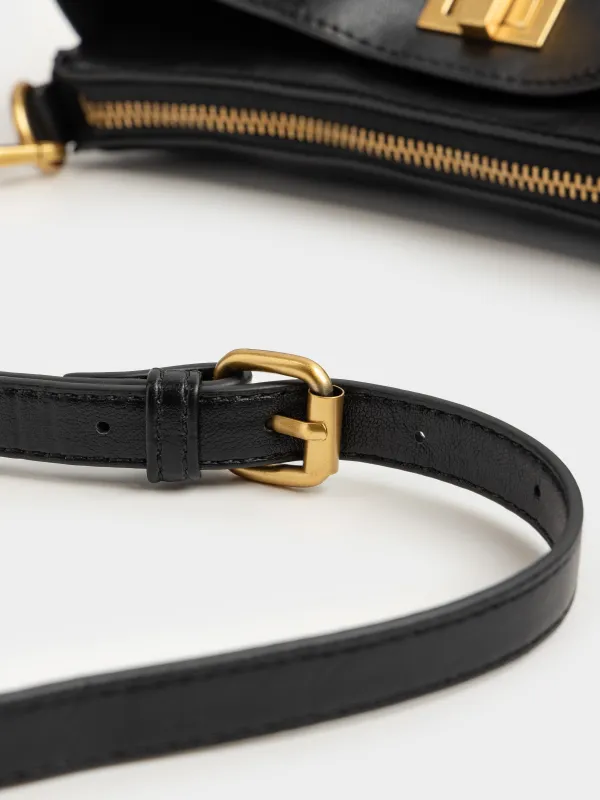 Сумка женская, 23х13 см, с ручкой и плечевым ремнем, с брелоком, полиуретан, черная, Force, image-6