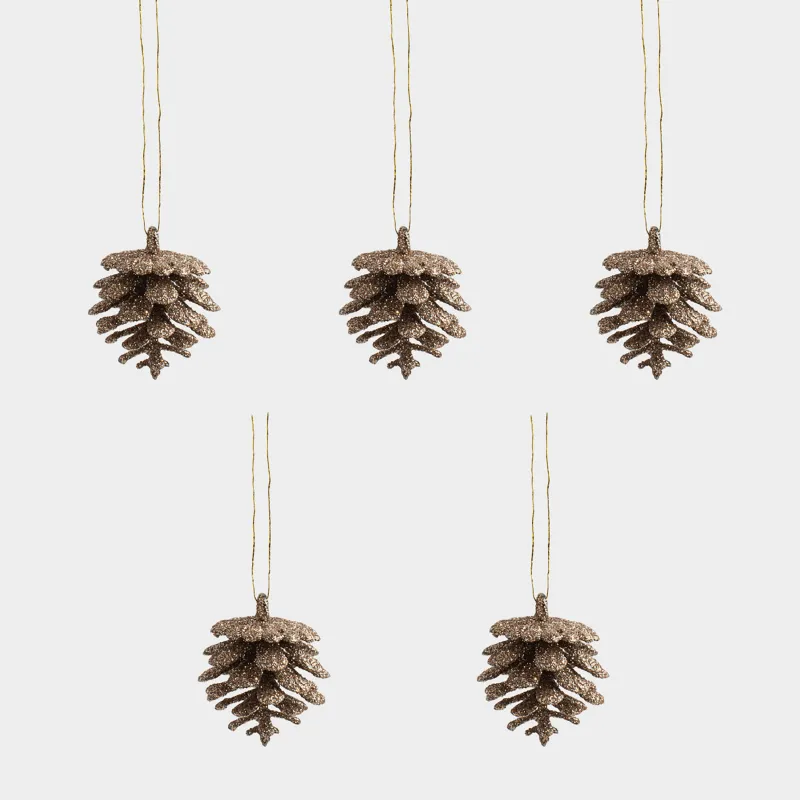 Игрушка елочная, 4 см, 6 шт, пластик, с блестками, бронзовая, Шишка, Pine christmas