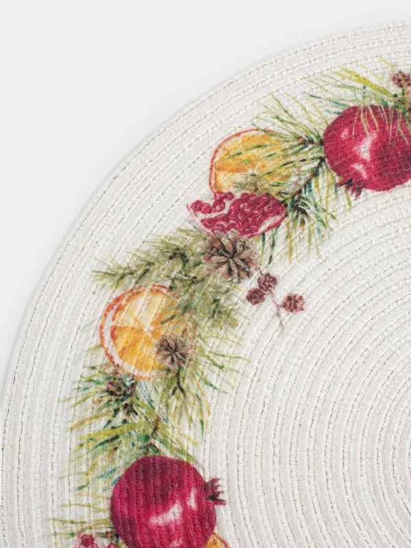 Салфетка под приборы, 38 см, полиэстер, круглая, белая, Гранаты и апельсины, Rotary print, image-4