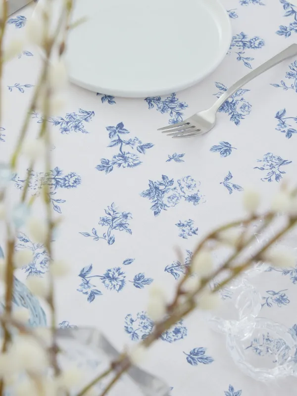 Скатерть, 170х250 см, полиэстер/хлопок, с рюшами, белая, Синие цветы, Blue flowers, image-2