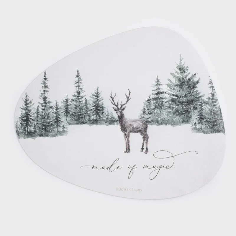 Салфетка под приборы, 37х45 см, ПВХ, фигурная, белая, Олень в лесу, Rock print