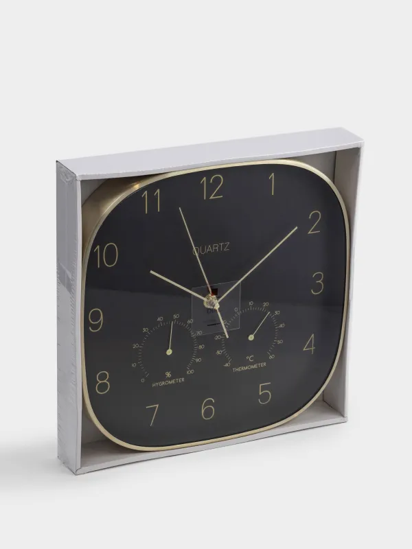 Часы настенные, 30 см, с термометром и гигрометром, металл/стекло, черные, Dial, image-5