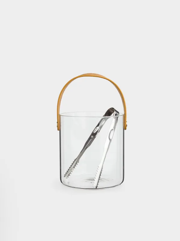 Ведро для льда, 14 см, с ручкой и щипцами, стекло/искусственная кожа, Clear devo, image-0