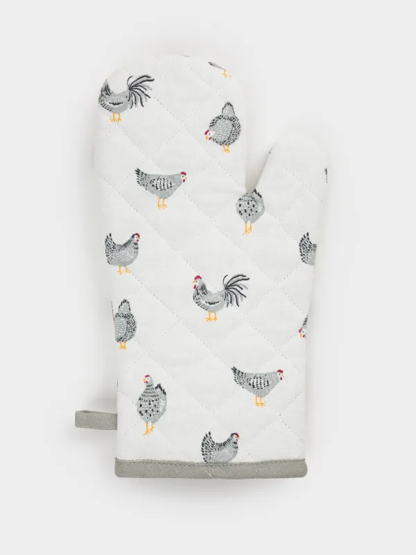 Прихватка-варежка, 17x33 см, хлопок, белая, Курочки, Poultry, image-1