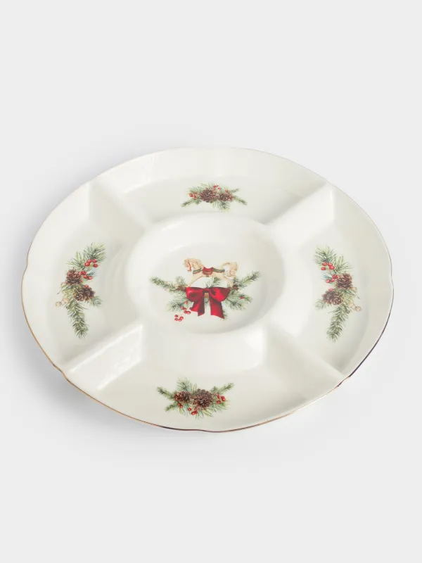 Менажница, 33 см, 5 отд, фарфор F, белая, Лошадка с бантом, Christmas miracle classic, image-0