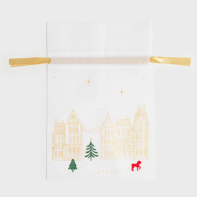 Мешок подарочный, 40х56 см, с завязками, полипропилен, белый, Домики и лошадь, Snow sparks