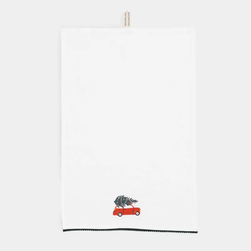 Полотенце кухонное, 40х60 см, хлопок, молочное, Машина с елкой, Red car