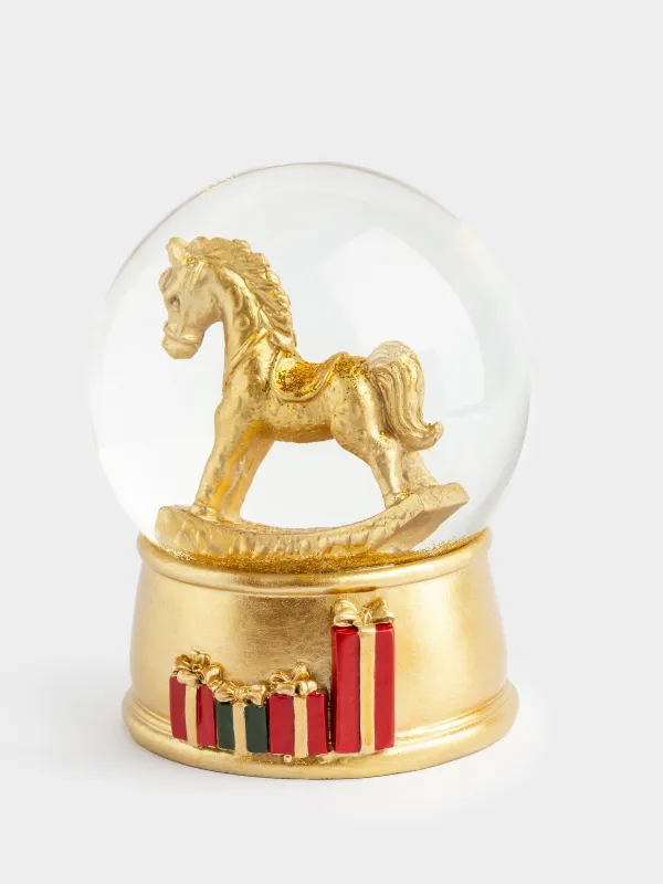 Снежный шар, 10 см, с подсветкой, стекло/полирезин, золотистый, Лошадка-качалка, Golden style, image-1