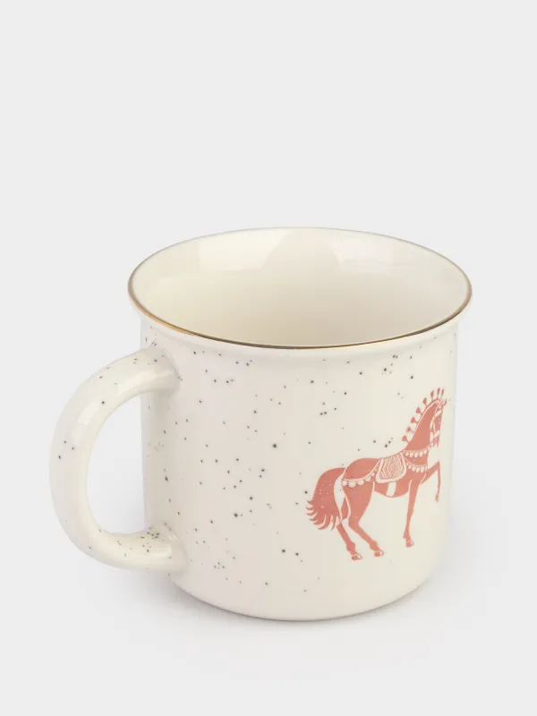 Кружка, 370 мл, фарфор N, молочная, в крапинку, с золотистым кантом, Конь, Horse, image-1