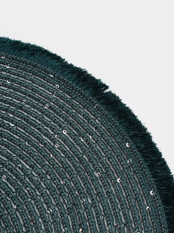 Салфетка под приборы, 38 см, с бахромой и пайетками, полиэстер, круглая, зеленая, Rotary shine, image-4