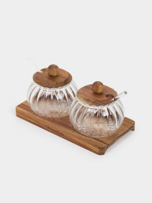 Вазочка для джема, 19x10 см, 2 шт, с ложкой, на подставке, стекло/дерево, Noble tree, image-1