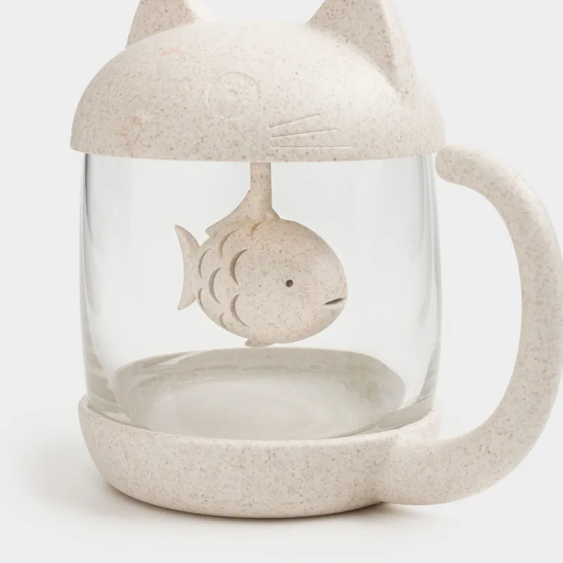 Кружка, 250 мл, с ситом для заваривания и крышкой, стекло Б/пшеничное волокно, Кошка, Cat, image-1