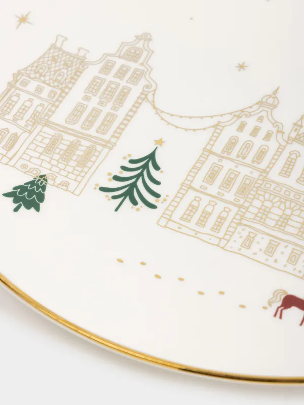 Тарелка обеденная, 27 см, фарфор N, молочно-золотистая, Домики и лошадь, Snow sparks, image-4