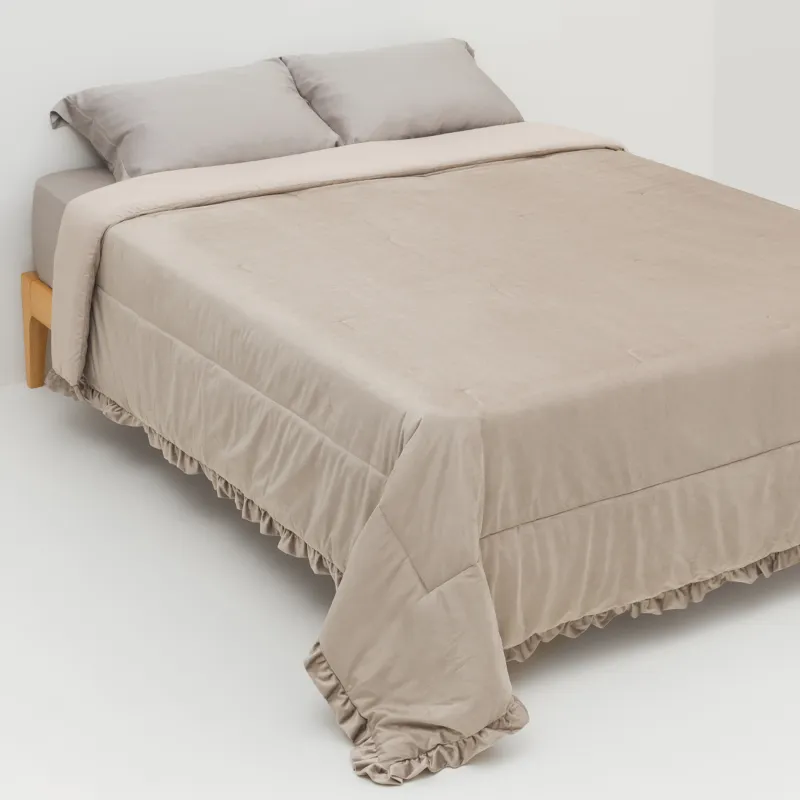 Покрывало, 220х240 см, стеганое, вельвет/микрофибра, мокко, с рюшами, Stitch velvet