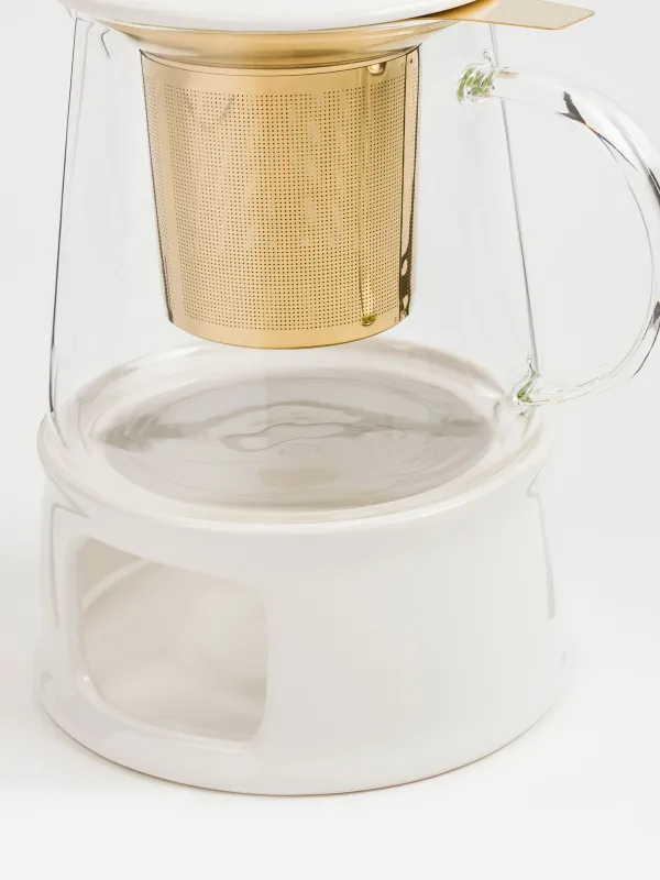 Чайник заварочный, 600 мл, с подогревом, стекло Б/фарфор P, молочно-золотистый, Ellan, image-1