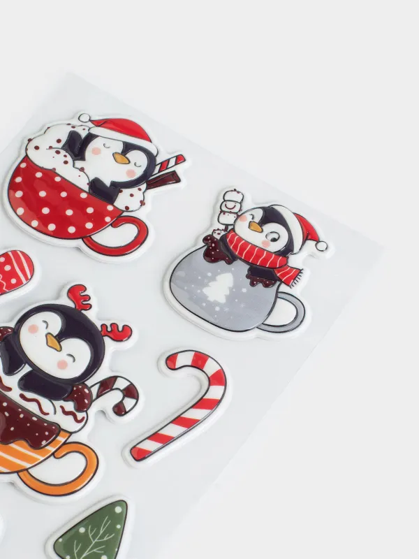 Набор наклеек, 10х16 см, многоразовые, ПВХ, Новогодний пингвин, Christmas decal, image-1