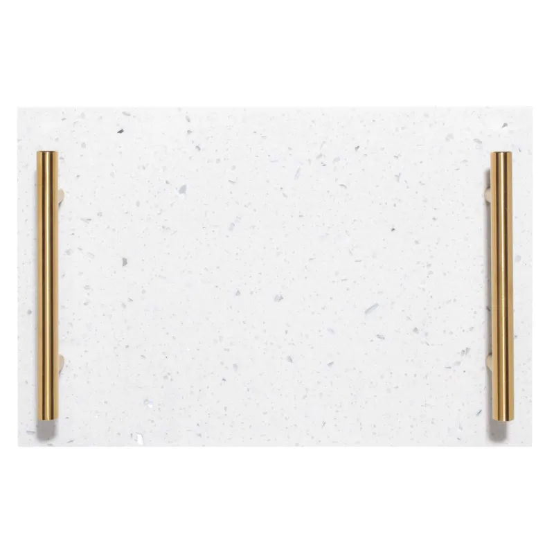 Поднос, 30x20 см, с ручками, цемент/сталь, прямоугольный, бело-золотистый, в крапинку, Terrazzo, image-2