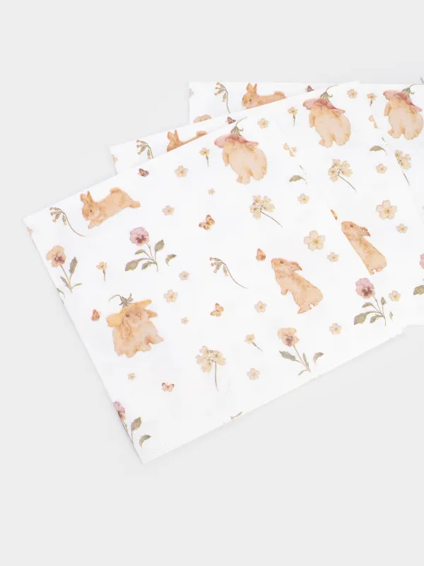 Салфетки бумажные, 33х33 см, 20 шт, квадратные, белые, Кролики и цветы, Easter, image-2