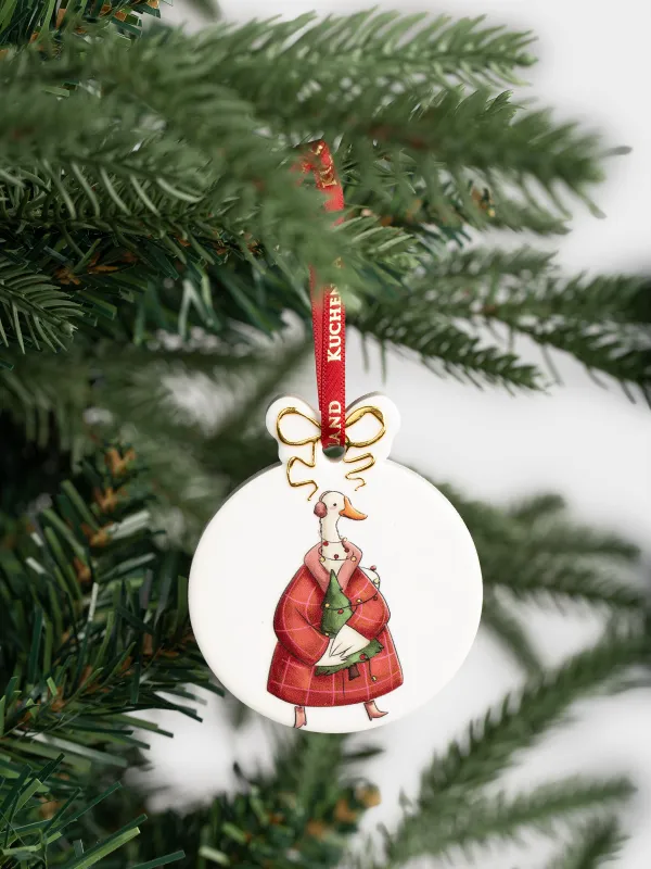 Игрушка елочная, 6 см, керамика, золотистая, Медведь и гусь, Flat ball, image-3