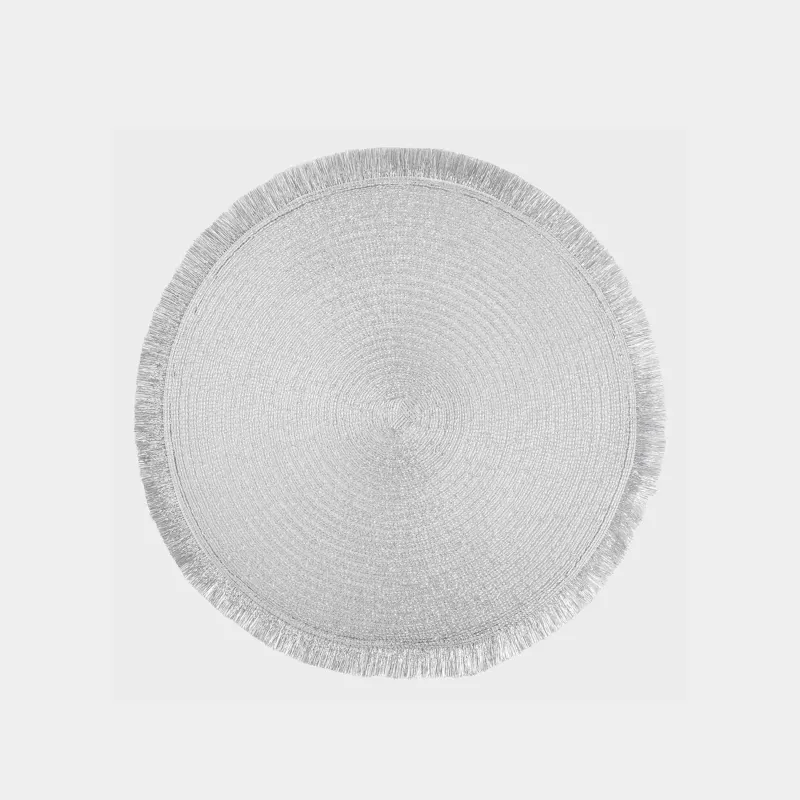 Салфетка под приборы, 38 см, с бахромой, полиэстер, круглая, серебристая, Rotary shine