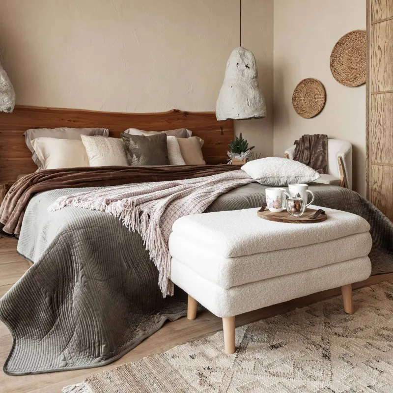 Банкетка, 82х41 см, букле/дерево, молочная, Boucle, image-3