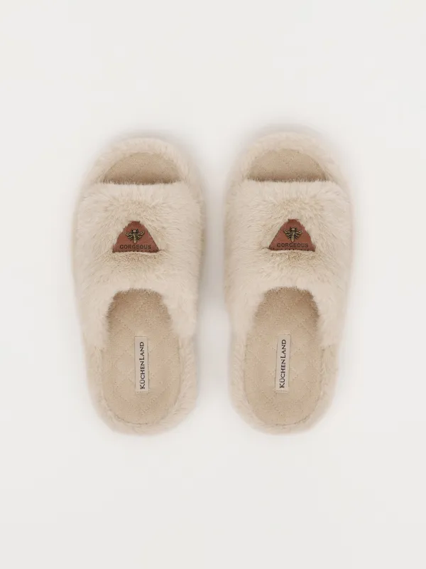 Тапочки женские, домашние, искусственный мех/замша, бежево-оранжевые, Пчела, Shaggy, image-1