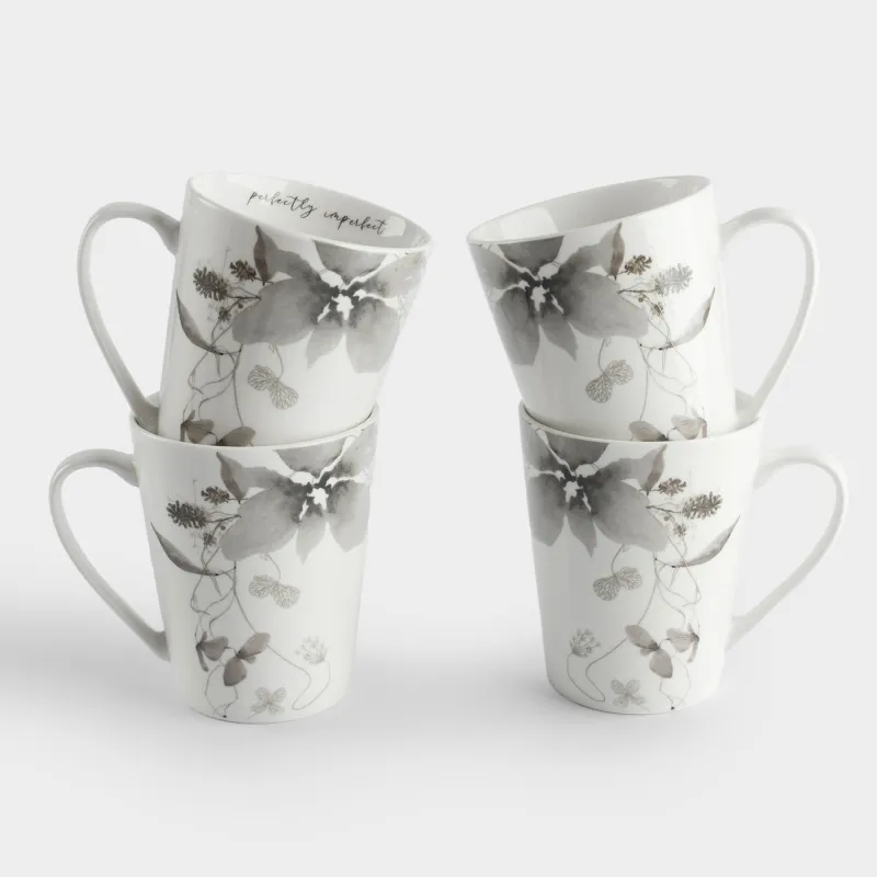 Кружка, 420 мл, 4 шт, фарфор N, Серые цветы, Watercolor