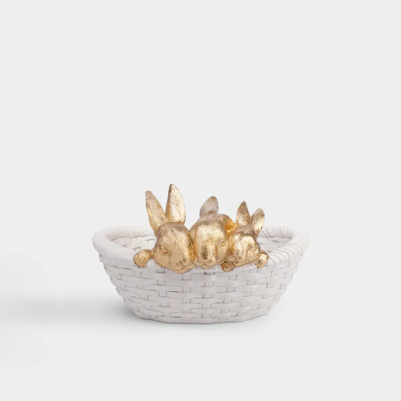 Конфетница, 27х16 см, полирезин, бело-золотистая, Кролики в корзине, Rustic Easter